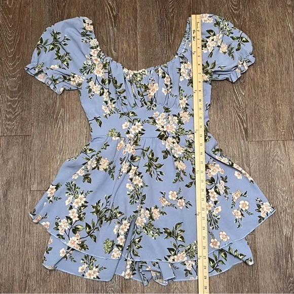 Inspired Hearts Floral Romper Blue Puff Sleeve Square Neck Ruffle | Size: Med - Picture 5 of 7